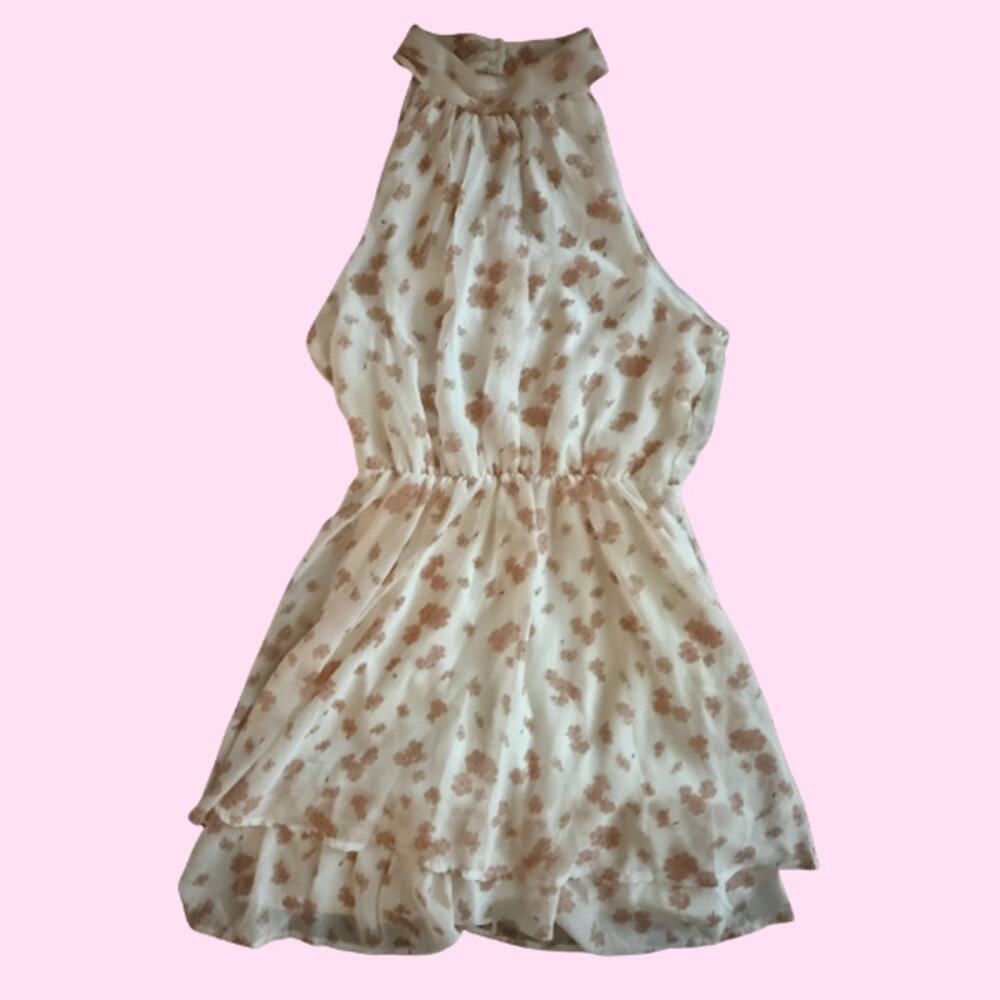Sienna Sky White Pink Floral Halter Mini Dress Tiered Ruffle Size Small